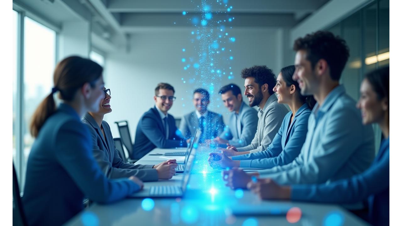 Abstract AI network overlaying human interaction, symbolizing intelligent HR systems.