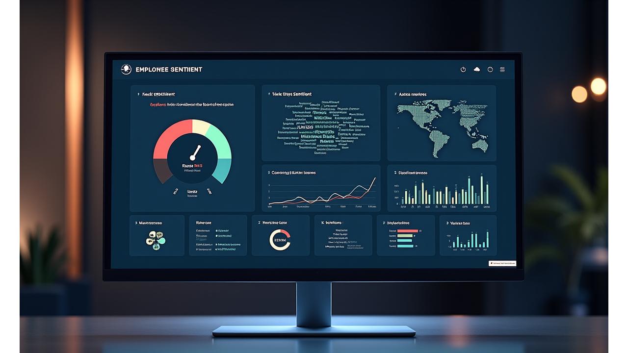 Dashboard visualizing employee sentiment analysis with happy and unhappy faces.