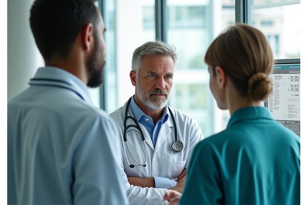 Healthcare leaders in a modern hospital setting, engaged in empathetic discussion