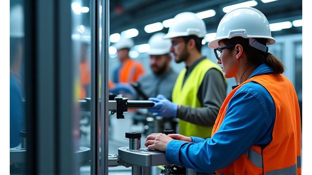 Workers on a clean, efficient manufacturing floor with robotic arms.