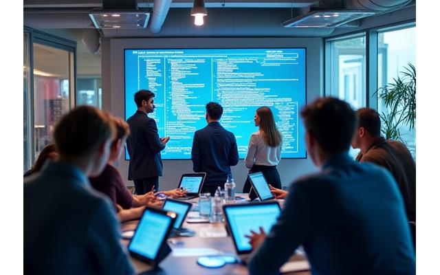 Team of diverse tech professionals collaborating on a project in a modern, open-plan office.