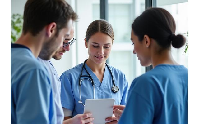 Doctors and nurses discussing patient chart in a hospital setting