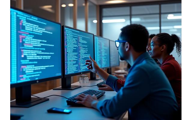 Diverse group of developers collaborating on code